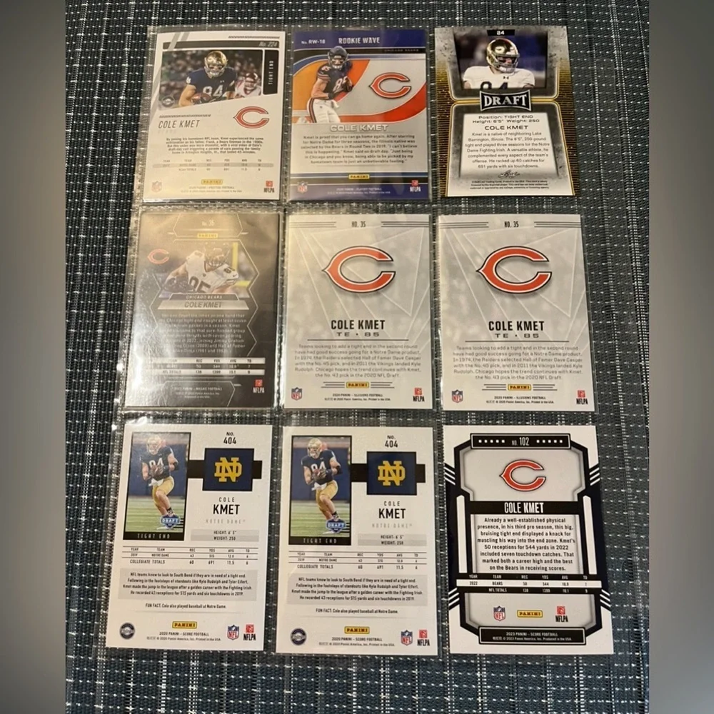 🏈 Cole Kmet, Lot of 9 NFL Football Trading Cards, Chicago Bears